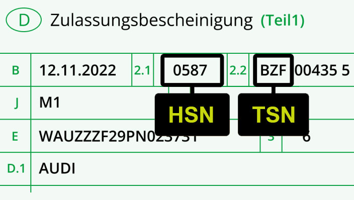 Fahrzeugschein mit markierten Feldern 2.1 (HSN) und 2.2 (TSN)